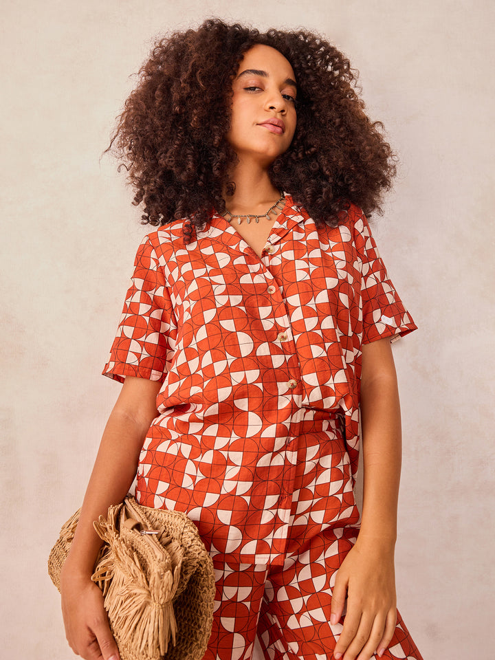 Rust Abstract Print Top And Pants Co Ord Set