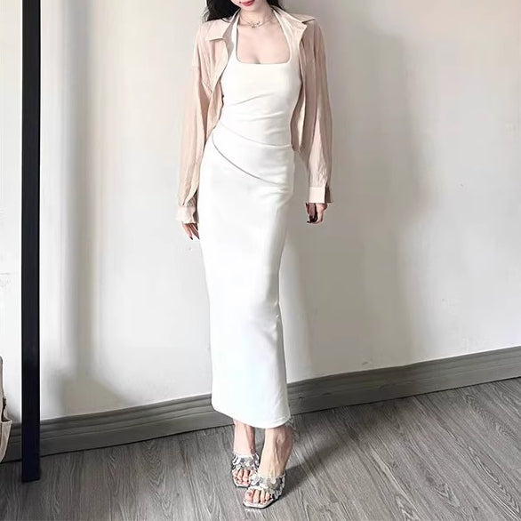 White Solid Fitted Halter Neck Dress