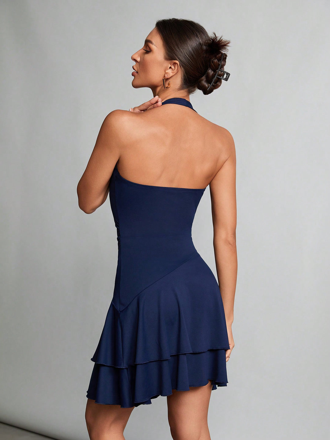 Navy Blue Halter Neck Double Flap Dress
