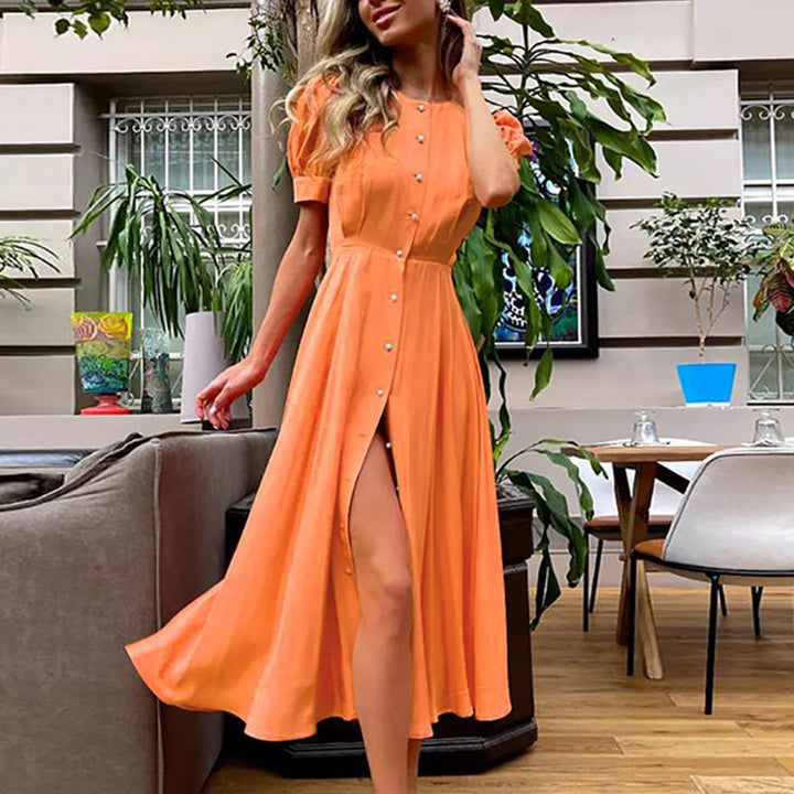 Orange Button Down Fit And Flared Dress