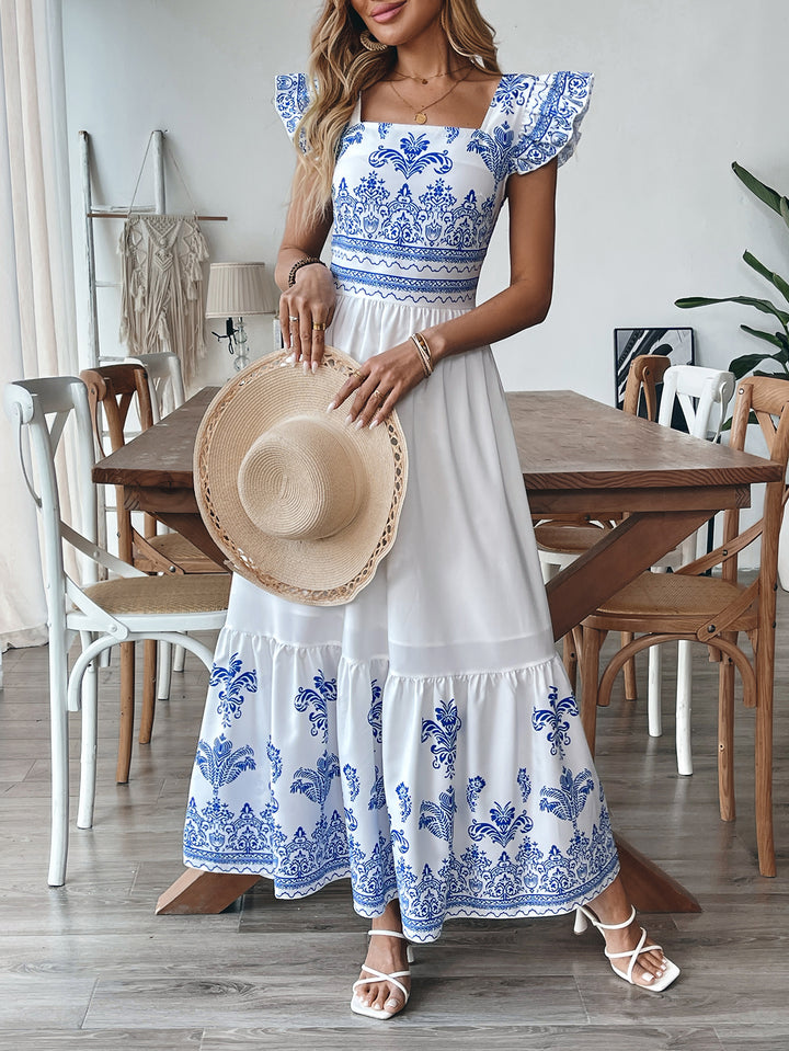 White Printed Flutter Sleeves Tiered Dress