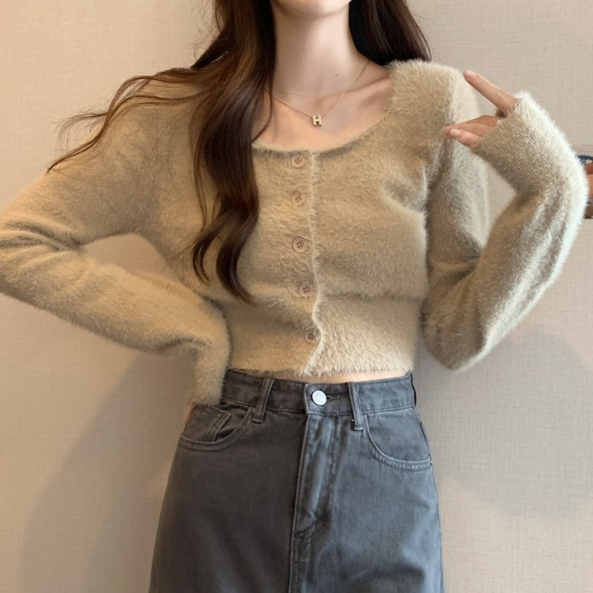Beige Square Neck Fuzzy Top