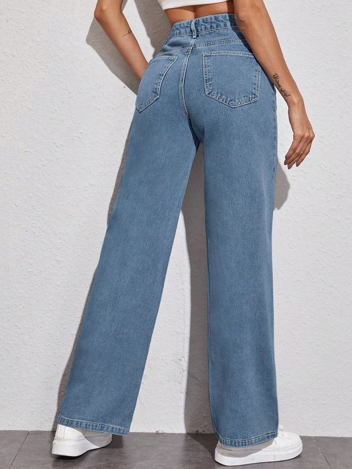 Blue Basic Tinted Wide Leg Jeans