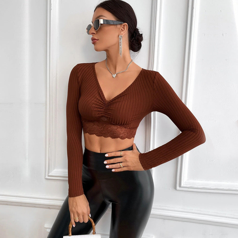 Brown Full Sleeve V-Neck Top