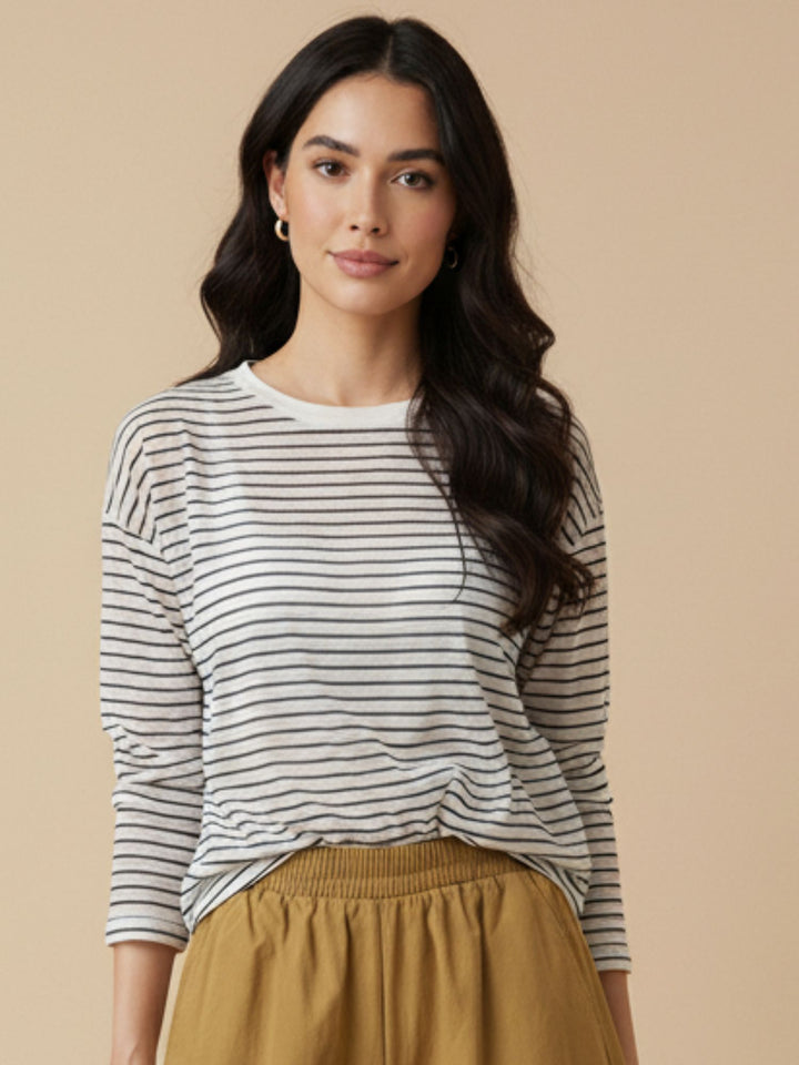 White Full Sleeve Striped Relaxed Round Neck T Shirt
