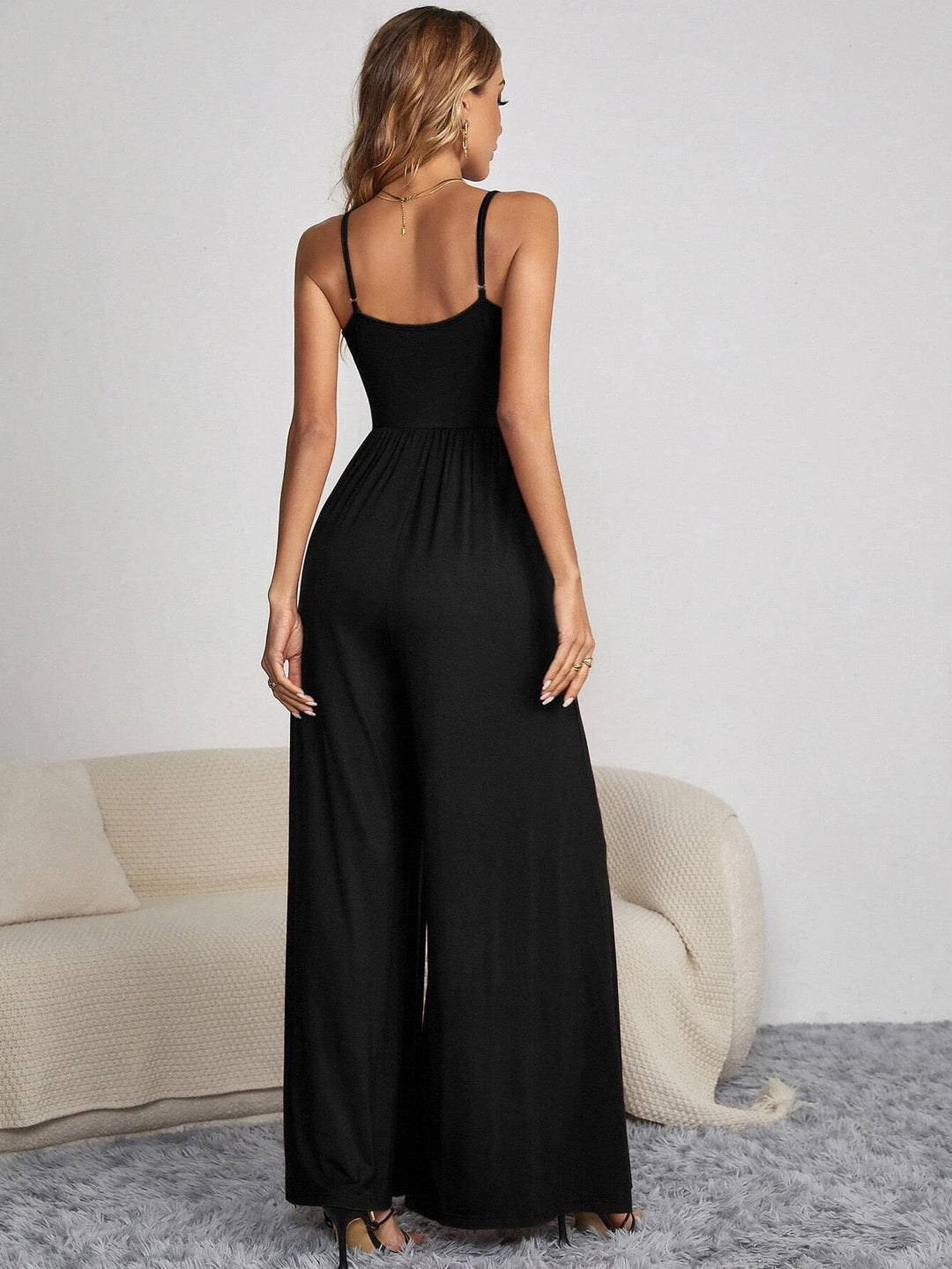 Black Shoulder Strap Front Button Jumpsuits