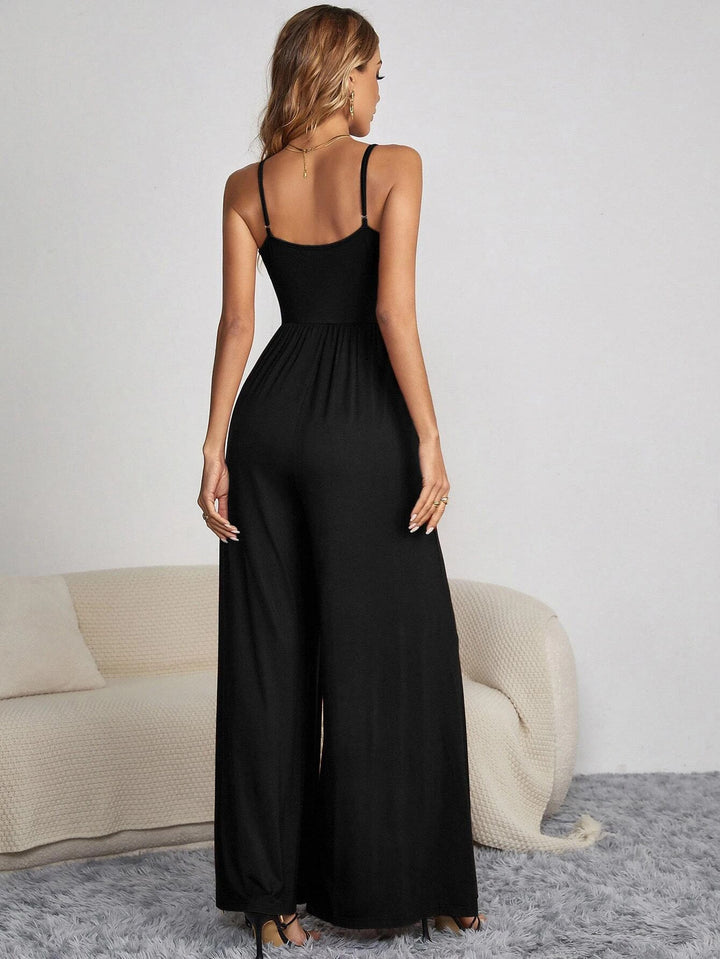 Black Shoulder Strap Front Button Jumpsuits
