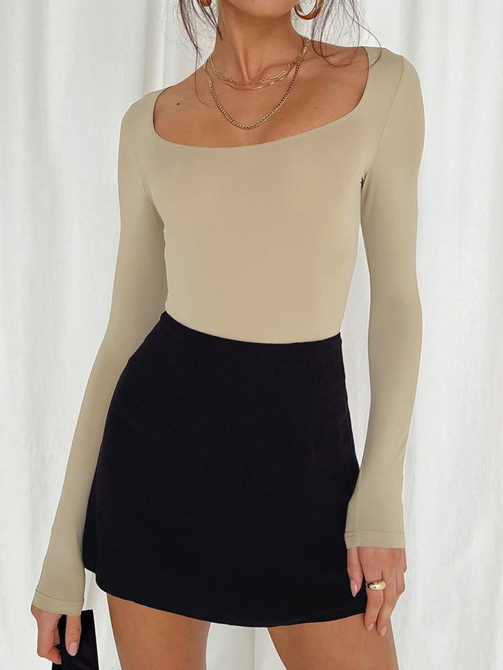 Beige Scoop Neck Fitted Ribbed Top
