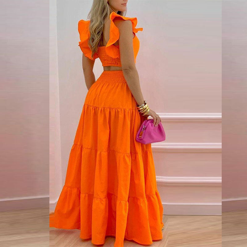 Orange Ruffle Sleeves Tiered Flared Skirt Co-Ord Set