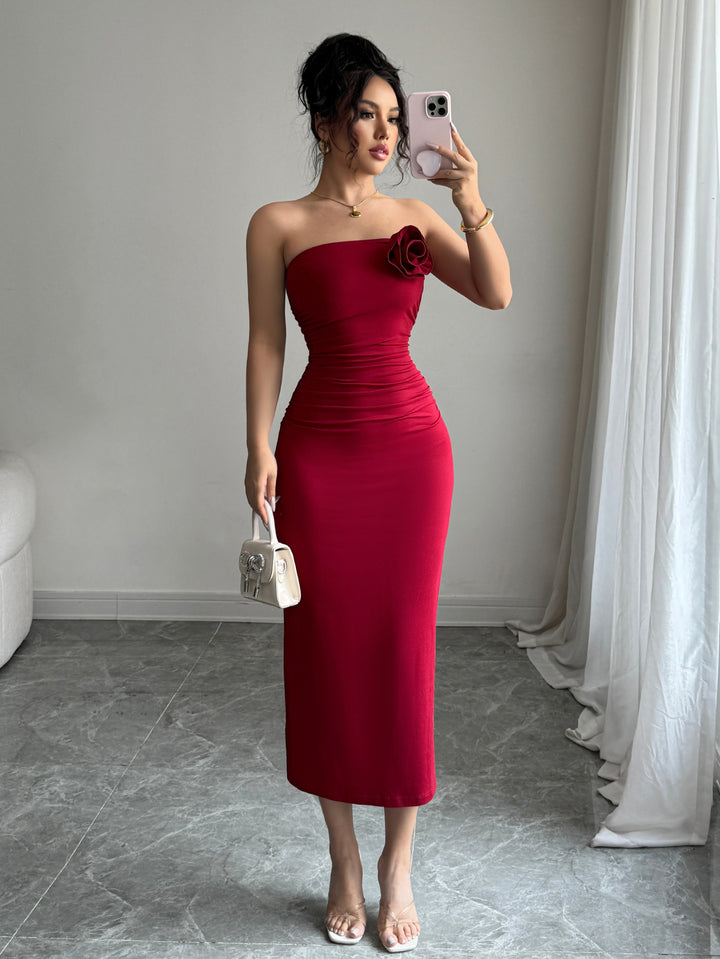 Red Strapless Flower Attached Dress