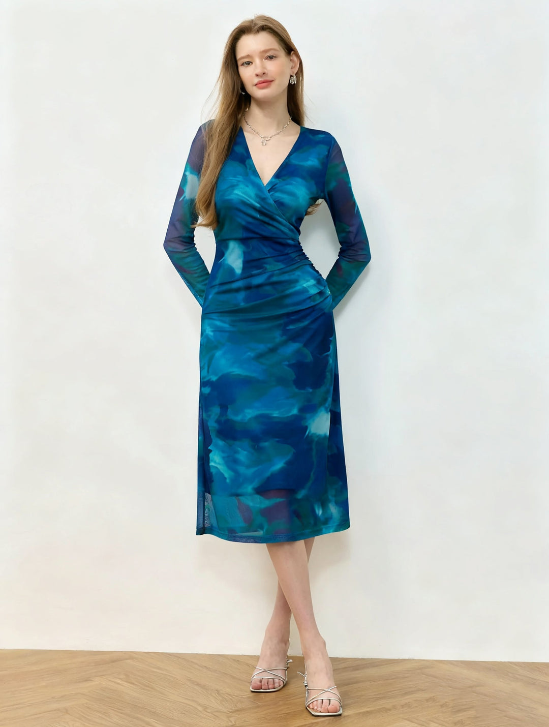 Blue Full Sleeve V Neck Dress