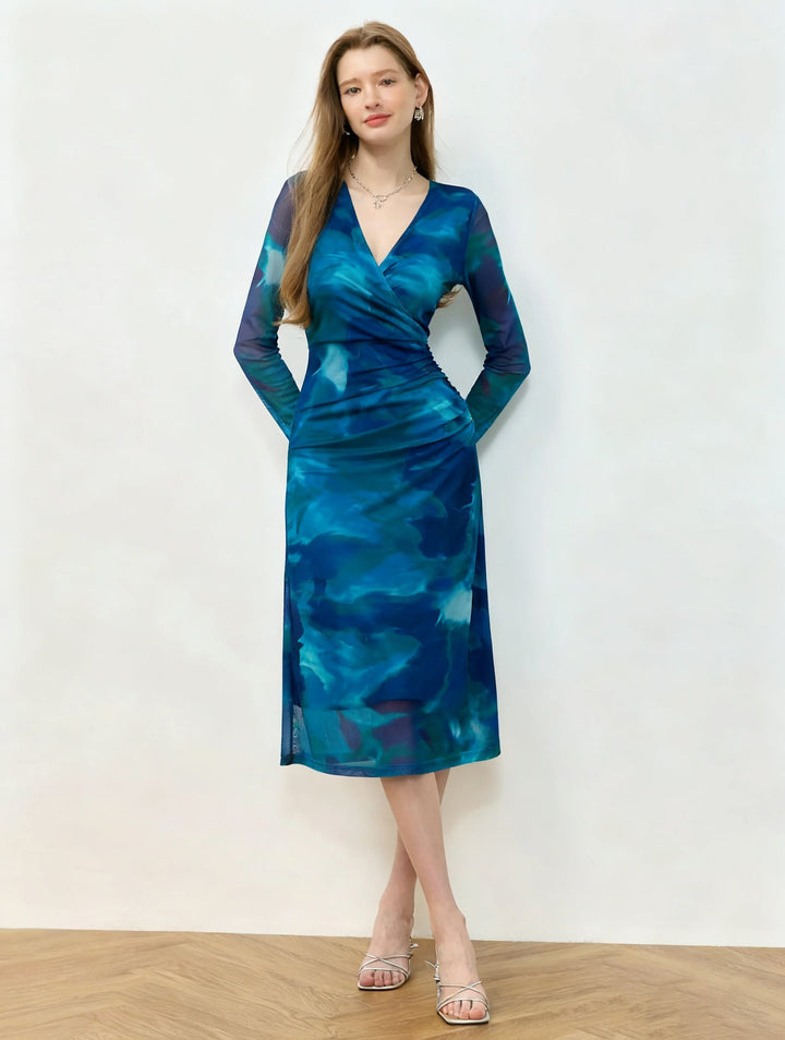 Blue Full Sleeve V Neck Dress