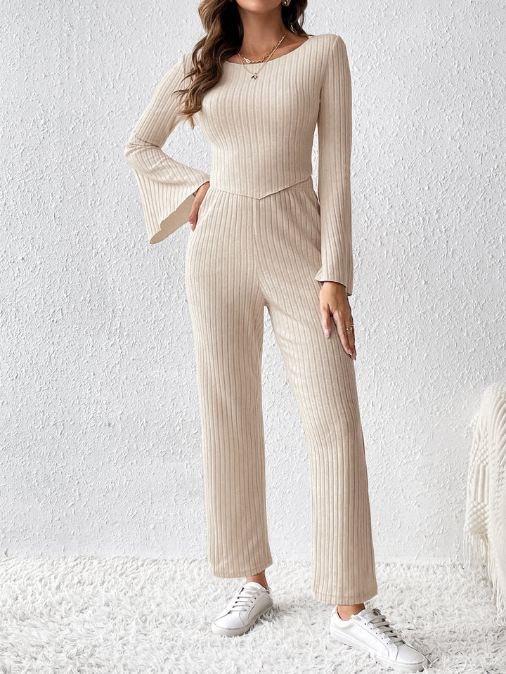 Off White Bell Sleeve Asymmetrical Hem Top And Pant Set