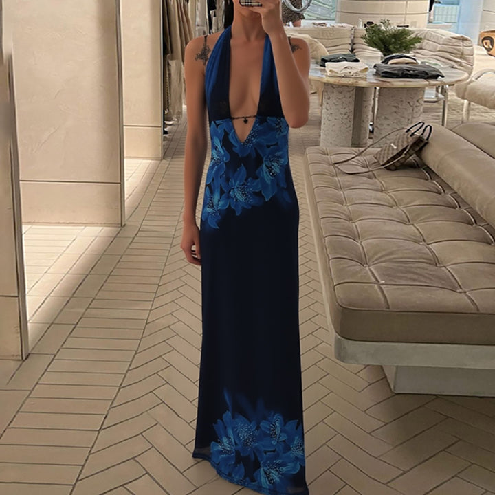 Blue Halter Deep Neck Floral Bodycon Dress