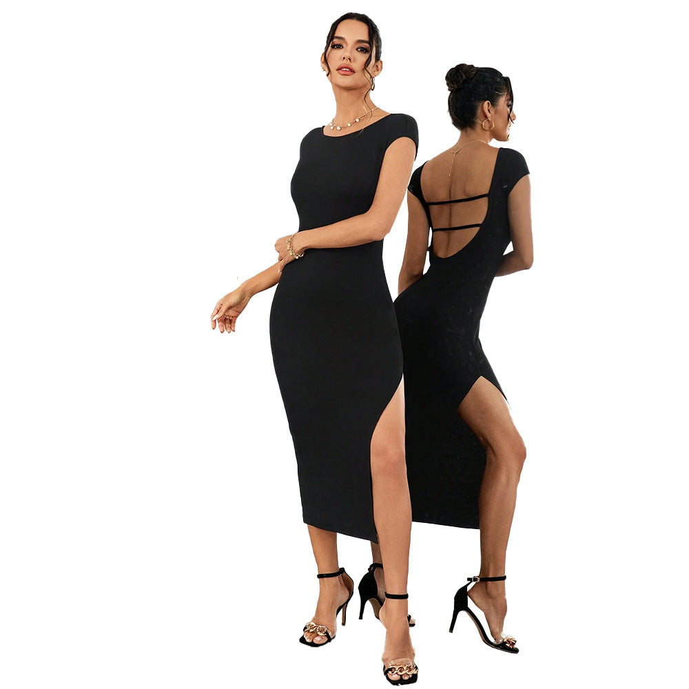 Black Deep Back Solid Slit Dress