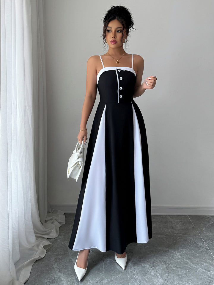 Black Shoulder Strap Colour Block  Dress