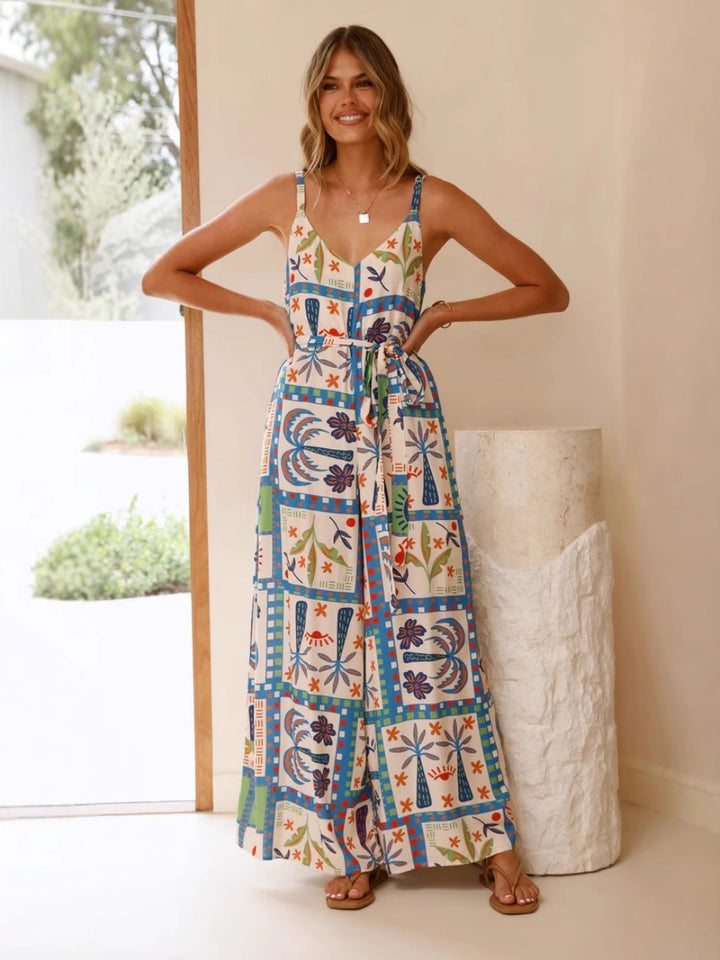 Multi Shoulder Strap Abstract Printed Jumpsuit