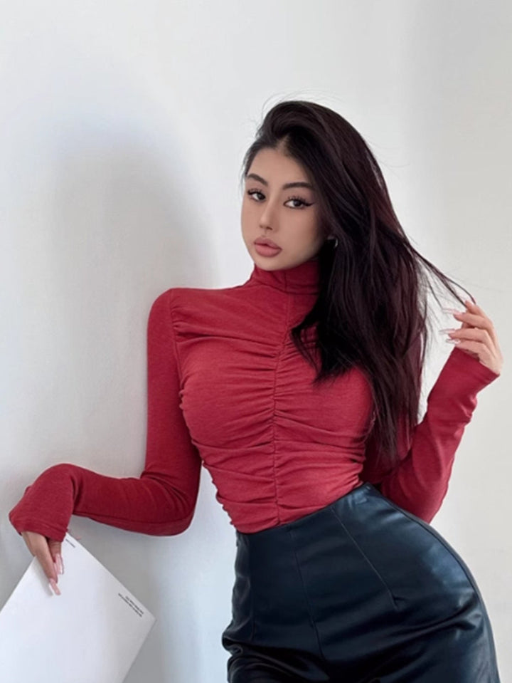 Red Full Sleeve High Neck Ruched Top