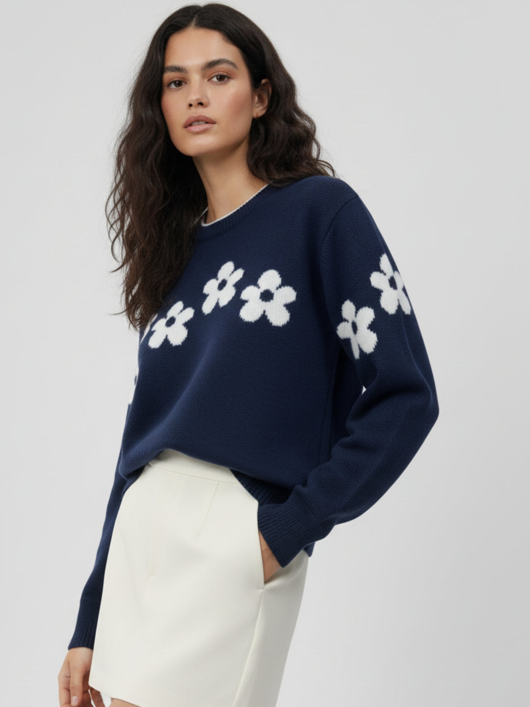 Navy Blue Full Sleeve Round Neck Printed Sweater