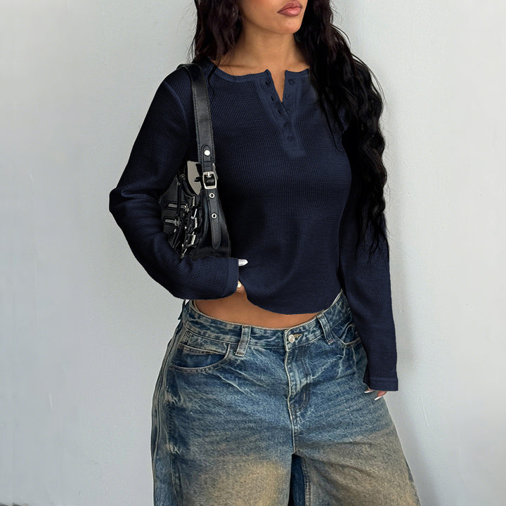 Blue Textured Button Down Top