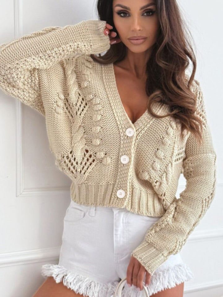 Beige Full Sleeves V Neck Textured Cardigan