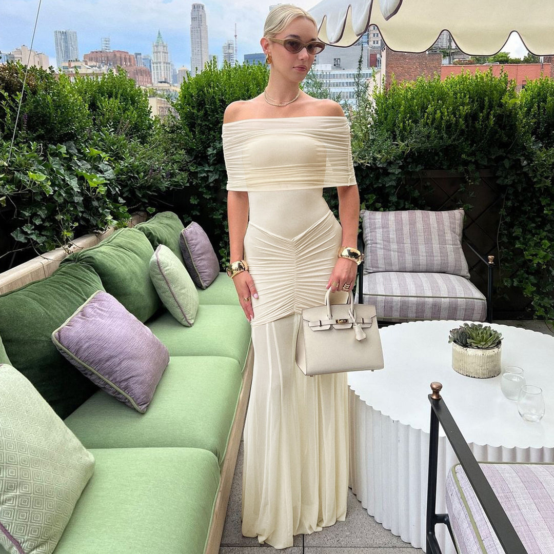 Apricot Off-Shoulder Ruched Maxi Dress