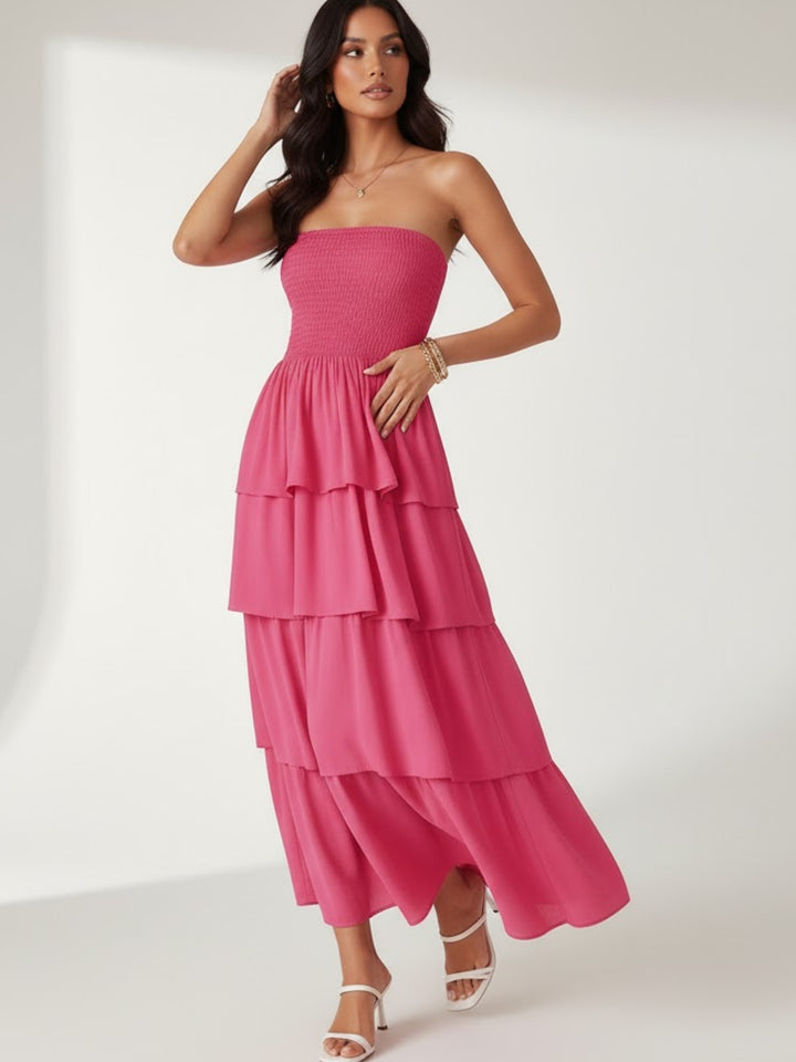 Pink Tube Smoked Dress With Ruffled Layers