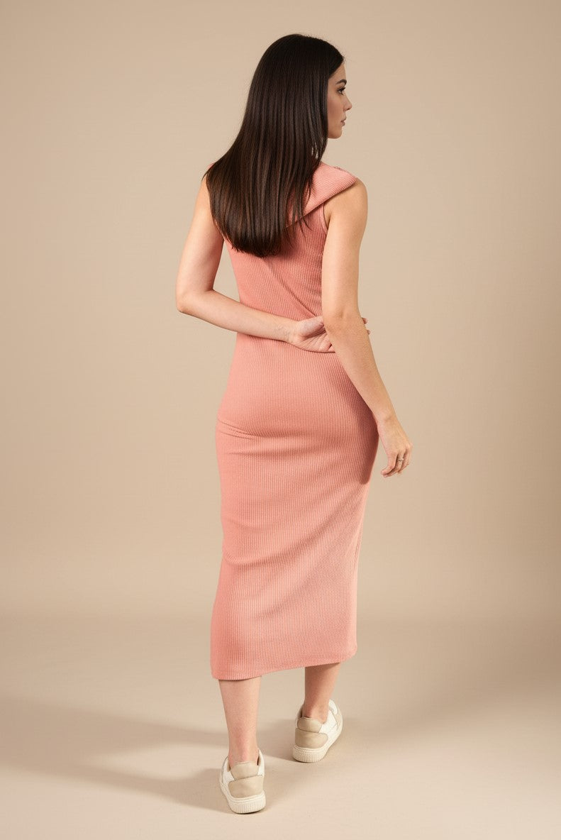 Pink Sleeveless Collared Neck Solid Dress