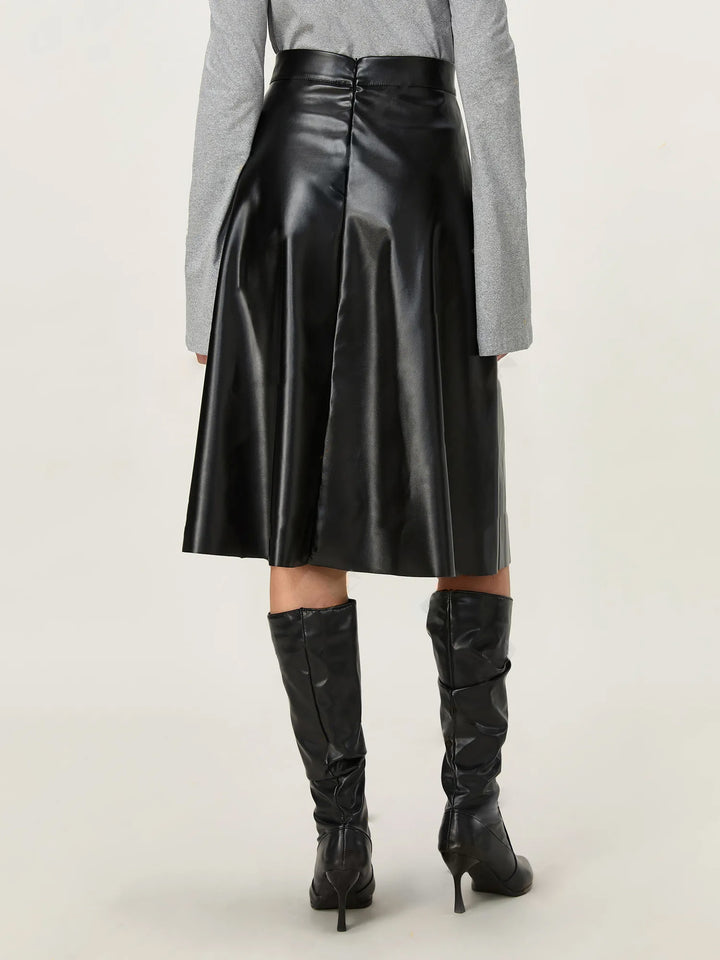 Black Pu Flared Midi Skirt