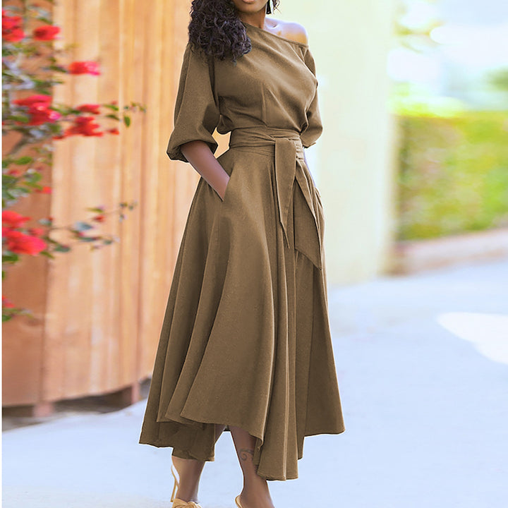 Beige One Shoulder Waist Tie Up Flared Dress