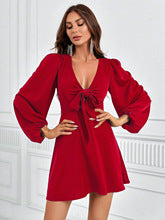 Red V Neck Tie Up Dress