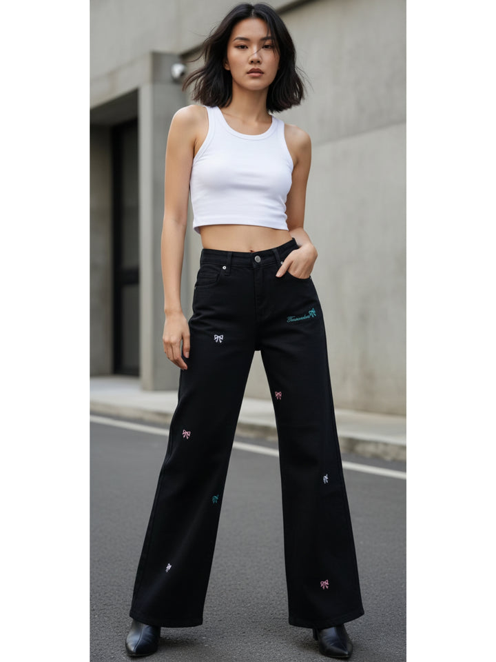 Black High Waist Bow Printed Wide Leg Jeans
