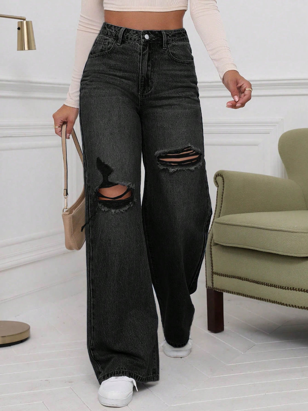Black Knee And Thigh Distressed Baggy Jeans