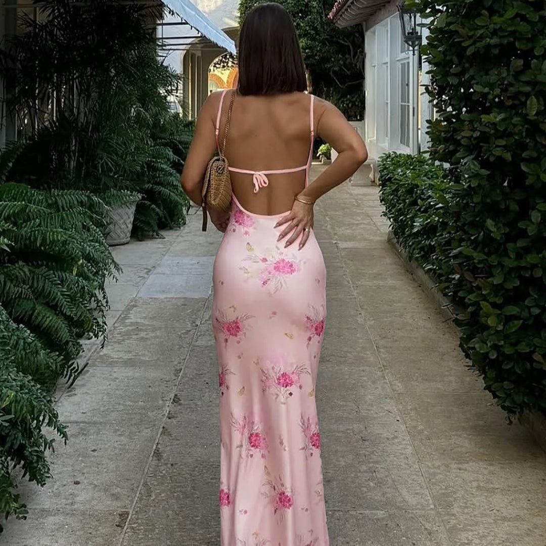 Pink Spaghetti Strap Floral Printed Bodycon Dress