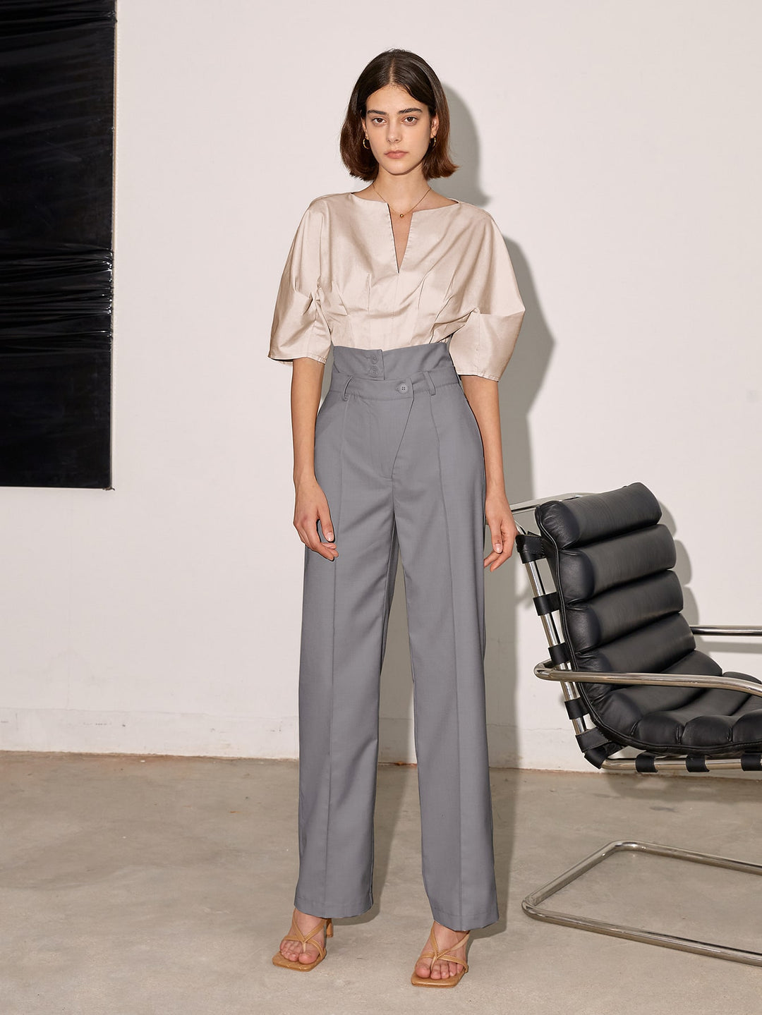 Grey High Waist Side Button Pant