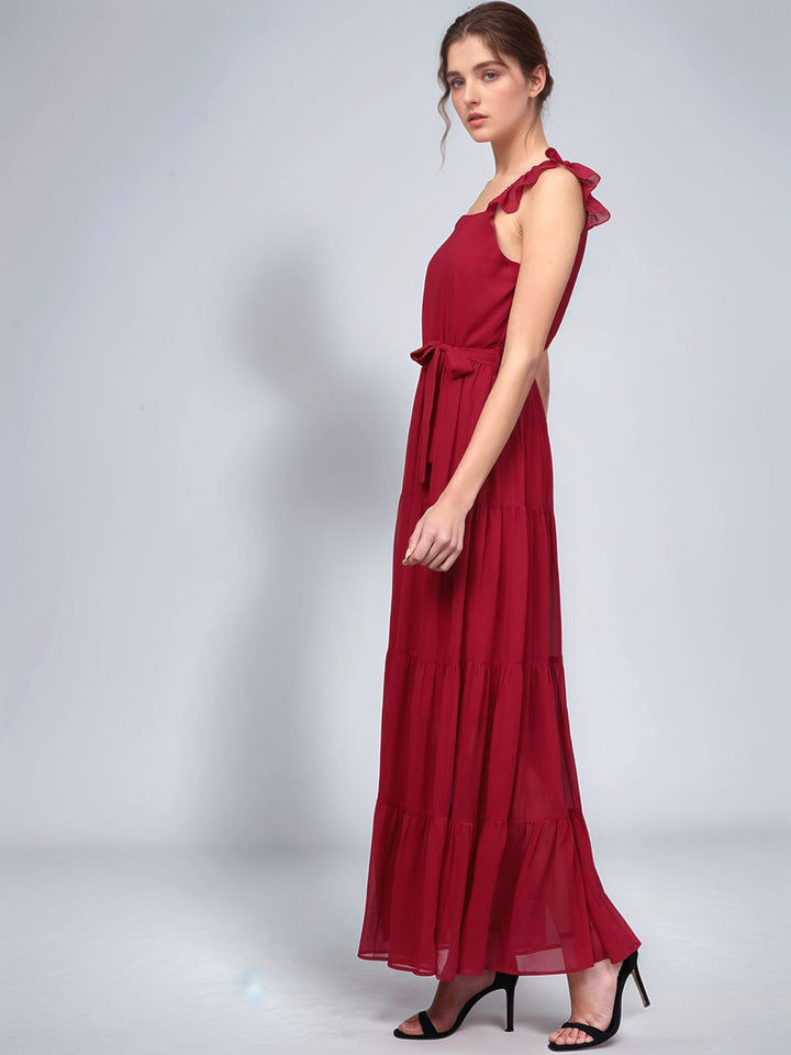 Red Shoulder Strap Waist Tie-Up Dress