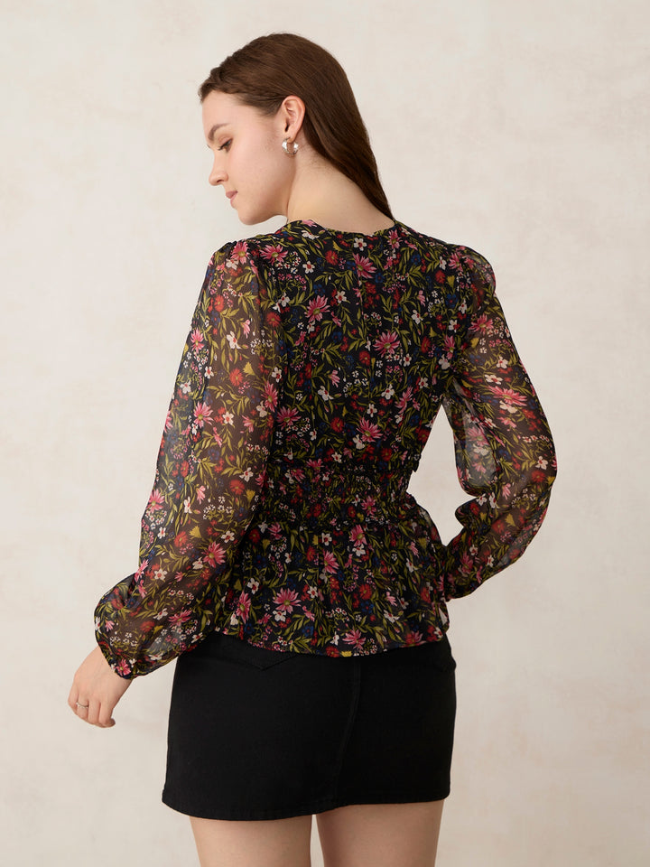 Black Printed Peplum Top
