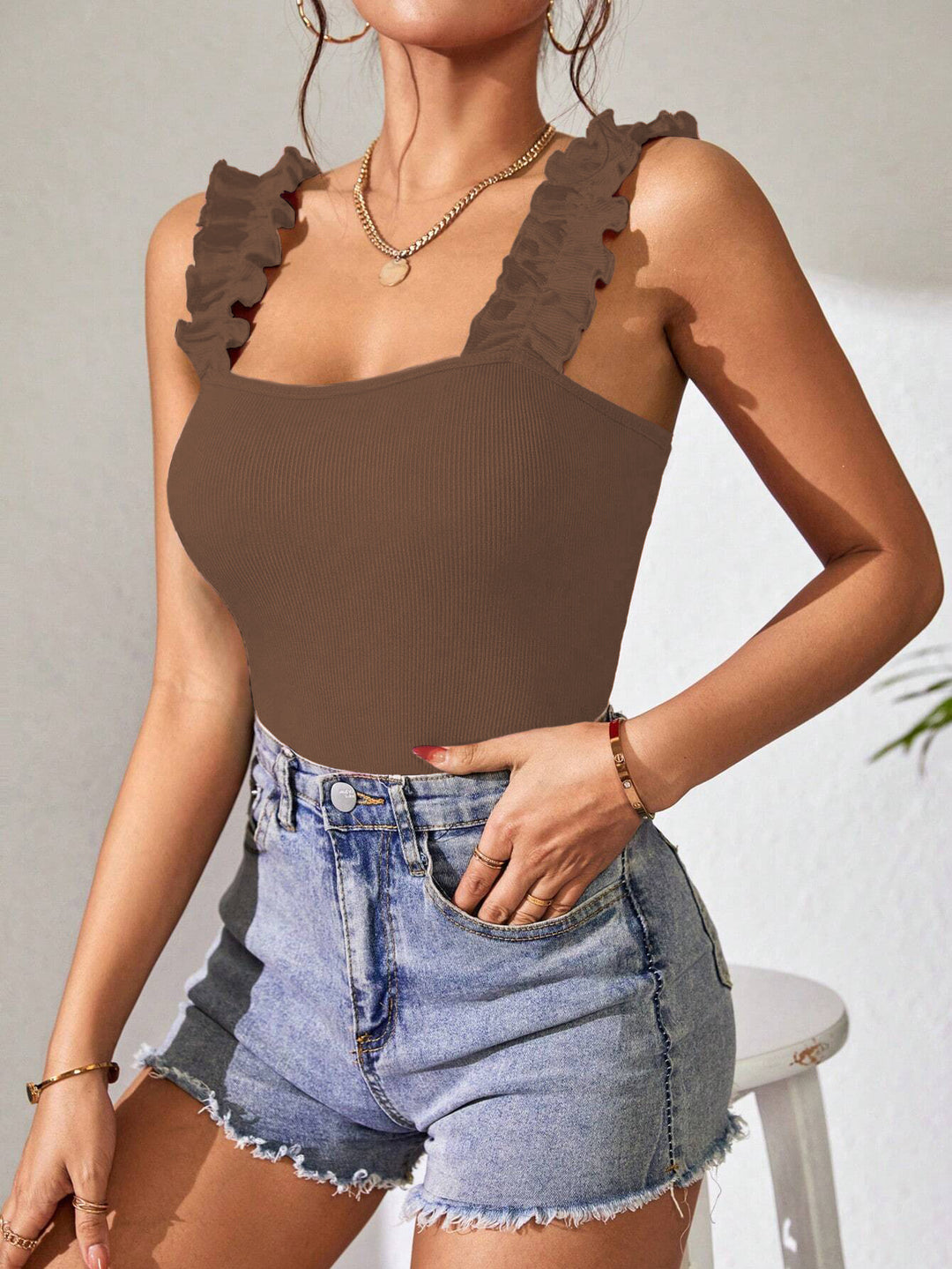 Brown Square Neck Ruffle Bodysuit