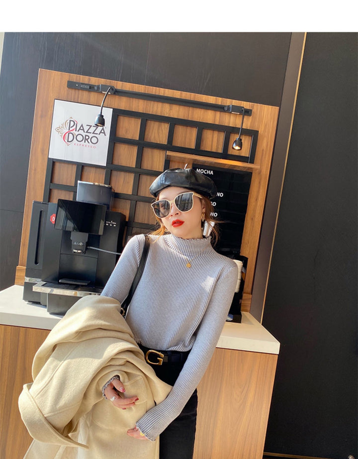 Grey Full Sleeve Scallop Hem Mock Neck Fitted Sweater