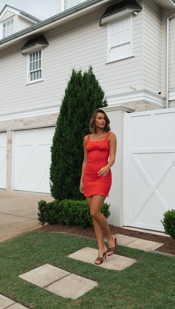 Red Sleeveless Smocked Dress