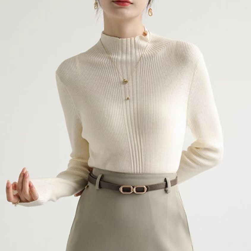 Cream Full Sleeve Mock Neck Fitted Sweater