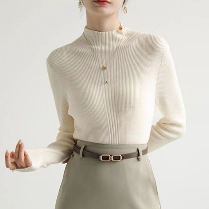 Cream Full Sleeve Mock Neck Fitted Sweater