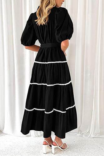 Black Button Down Puff Sleeved Shirt Dress