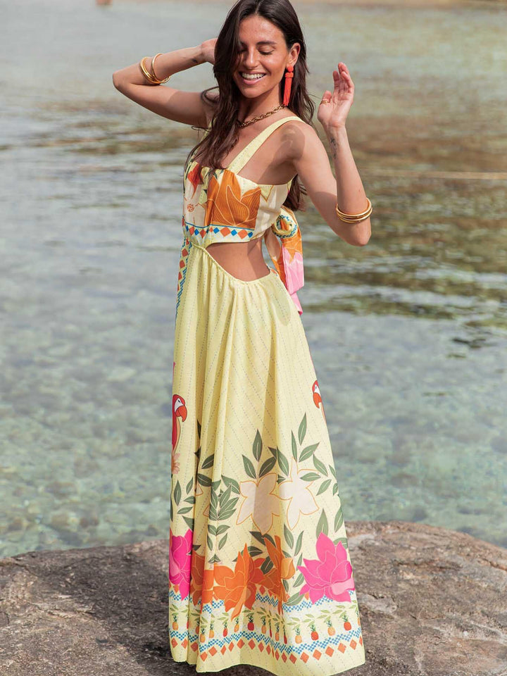 Yellow Shoulder Strap Waist Cut-Out Printed Dress