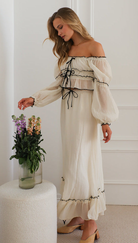 Cream Off-Shoulder Top And Skirt Co-Ord Set