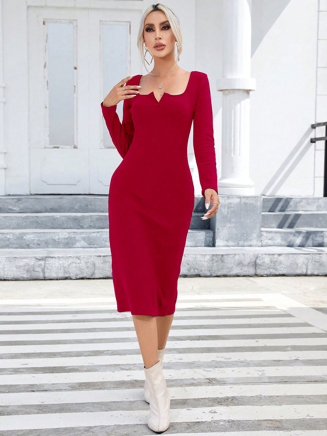 Red Scoop V Neck Bodycon Dress