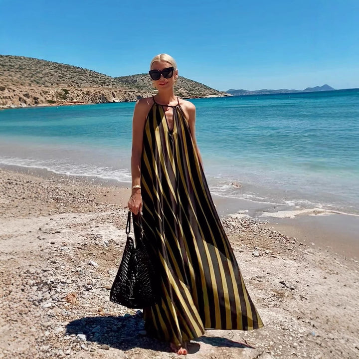 Gold Halter Neck Striped Dress