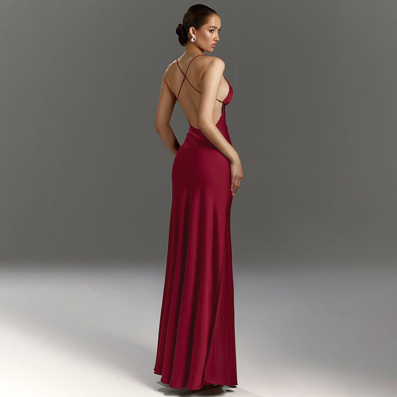 Burgundy Spaghetti Strap Slit A-Line Maxi Dress