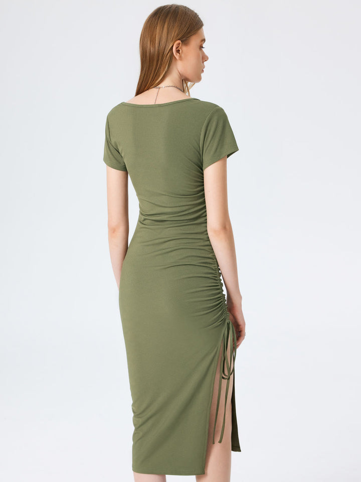 Green Square Neck Fitted Dress With Side Slit