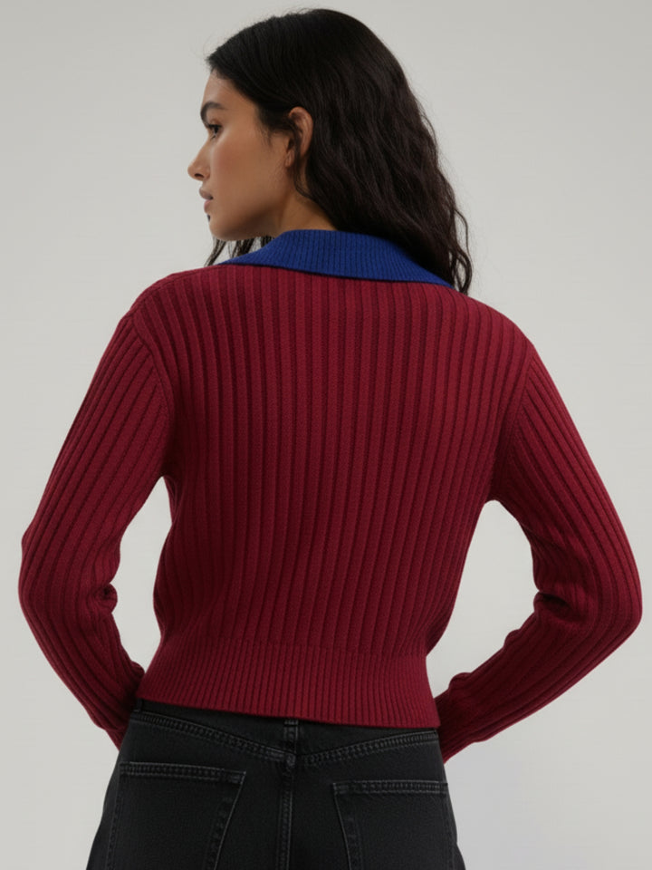 Red Full Sleeve Contrast Collar Cardigan